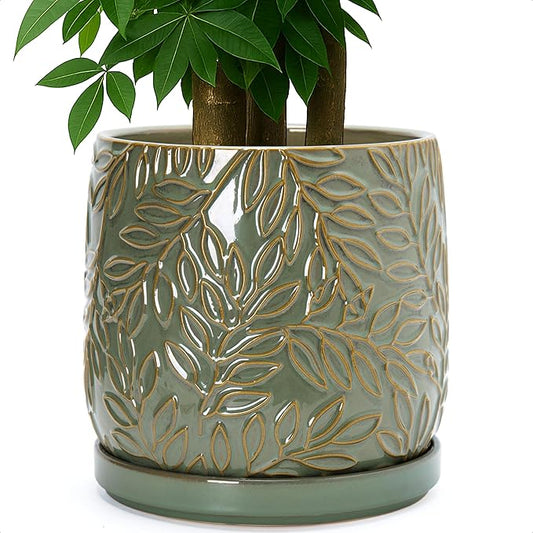 D'vine Dev 10 Inch Embossed Leaves Stoneware Planter Pot with Drainage Hole and Saucer, Olive, 27-A-P-0