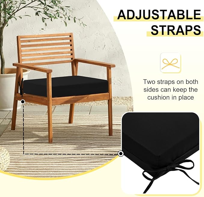 downluxe Outdoor Chair Cushions Set of 4 for Patio Furniture, Water-Resistant Square Corner Patio Chair Cushions with Ties, High Density Foam Outdoor Seat Cushion, 18.5" X 16" X 3", Black