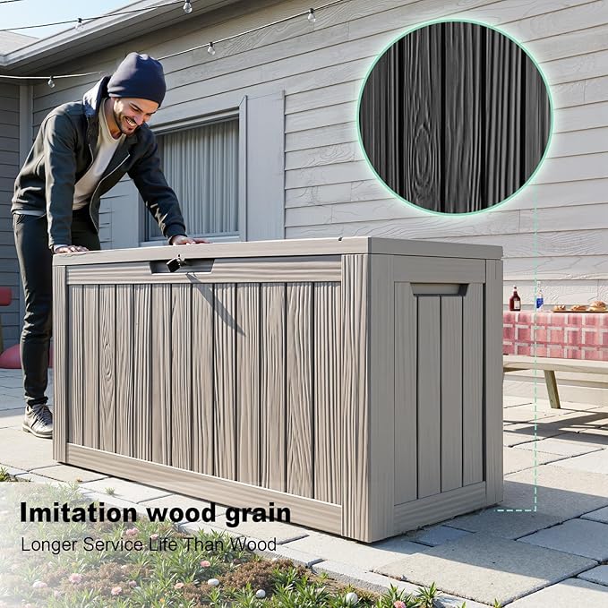86 Gallon Outdoor Deck Box, Lockable Waterproof Outdoor Storage Boxes For Garden Tools,Indoor Cushions,Accessories Outside Storage Resin Weatherproof Container(Grey)
