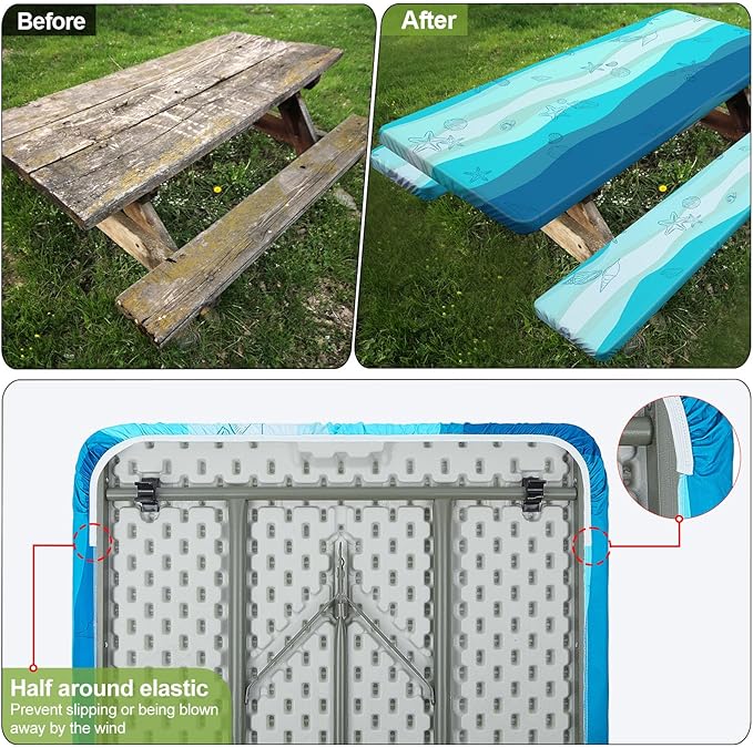 Picnic Table Cover with Bench Covers Camping Essentials Waterproof Windproof Camping Tablecloth with Drawstring Bag, Fitted Rectangle Tables and Seats, 96in, Sky Blue