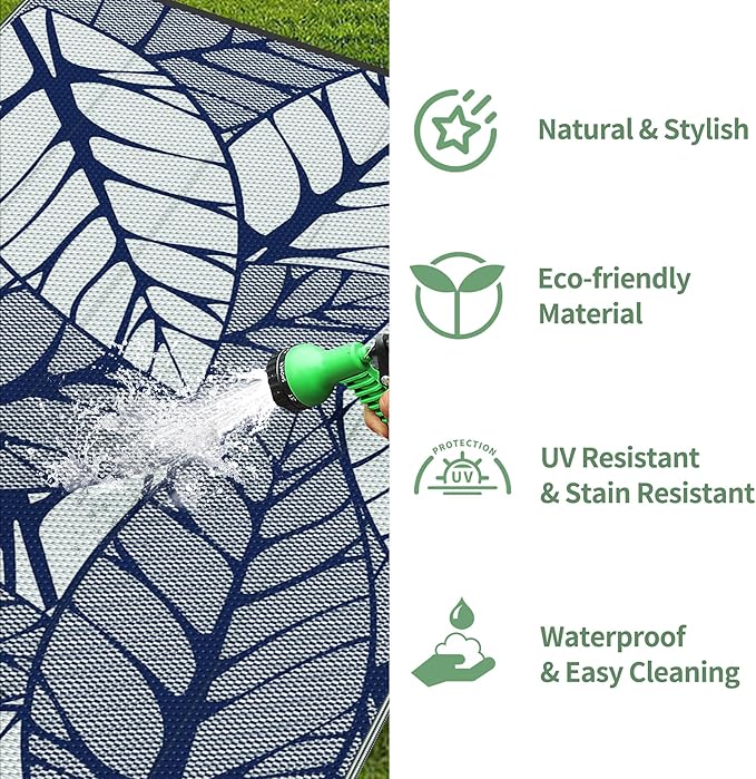 GENIMO Outdoor Rug 6' x 9' Waterproof for Patio Clearance, Reversible Plastic Straw Camping Carpet, Lightweight Mat for Rv, Camper, Deck, Porch, Picnic, Balcony, Beach, F.Blue & White
