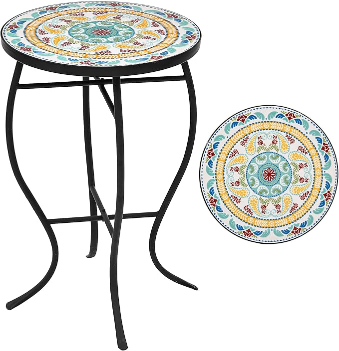 Side Table Outdoor, Mosaic Patio Table Plant Stand, 22" H Iron Coffee End Table,Weather Resistant Tile Top Metal Drink Bar Table for Indoor Garden Balcony Yard Bistro Balcony