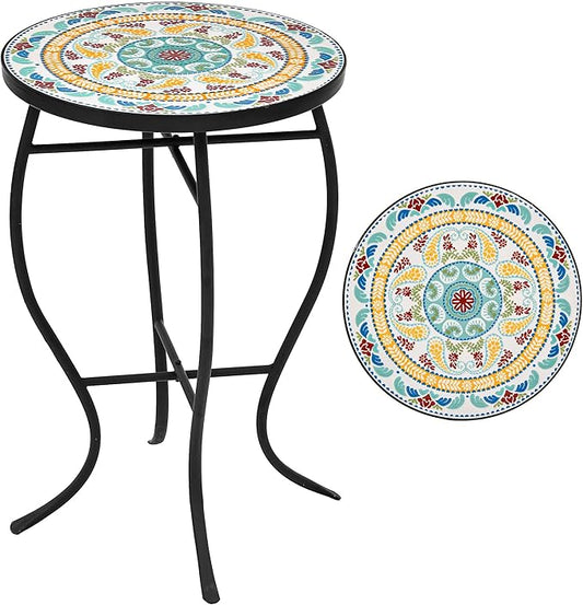 Side Table Outdoor, Mosaic Patio Table Plant Stand, 22" H Iron Coffee End Table,Weather Resistant Tile Top Metal Drink Bar Table for Indoor Garden Balcony Yard Bistro Balcony