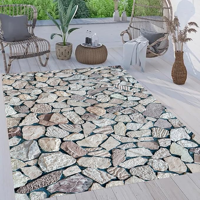 Rustic Grey Brown Faux Rock Tile 8x10 Outdoor Rugs for Patios Balcony Deck Garden Camping Beachside Porch Natural Stones Theme Thin Non Slip Waterproof Quick Dry Comfort Art Decor Carpets