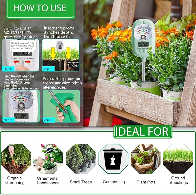 HSLGOVE Soil Test Kit, 7-in-One Soil Moisture Meter/Soil PH Meter/Fertility, Dual Screen Soil Tester w/Digital Soil Temp/Air Temp&Humidity for Plants Gardening,Lawn,Farm Indoor&Outdoor-Blue Green