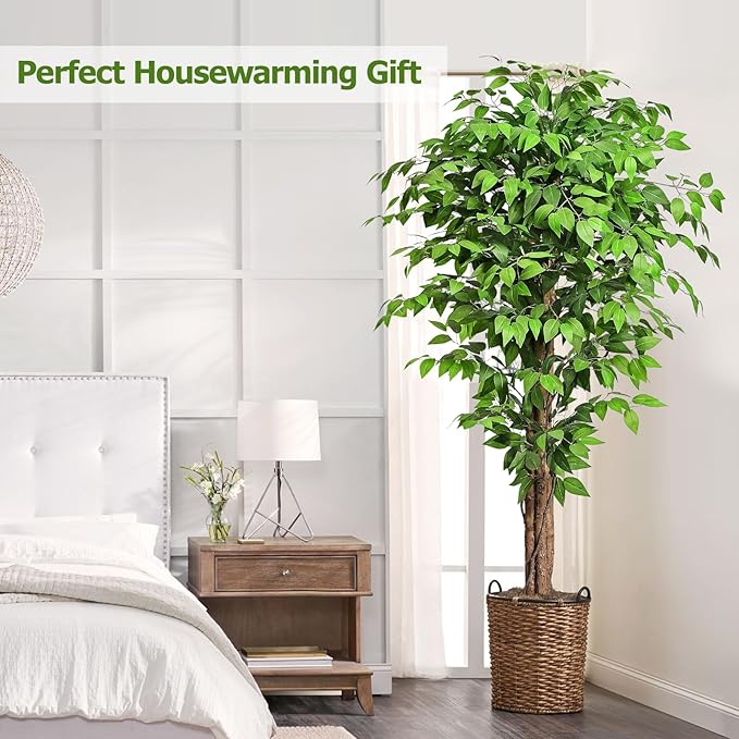 6.2ft Ficus Artificial Trees with 3 Natural Curved Trunks, 74" Tall Lush Faux Tree for Home Decor Indoor, Green Lifelike Fake Ficus Tree Plants (Set of 2)