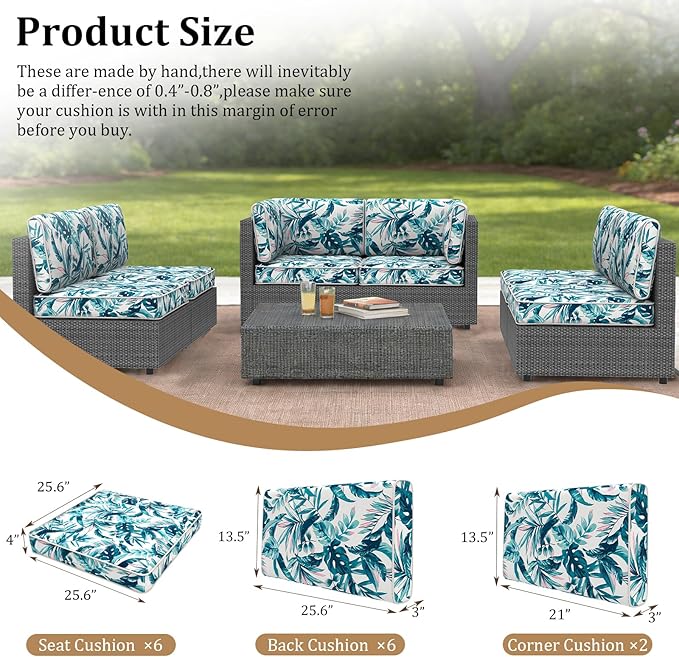 14 Pcs Outdoor Replacement Cushions for Patio Furniture, All Weather Water Resistant Cushion for 6 Seat Rattan Wicker Sectional Patio Conversation Sets and Couch (Lelf)