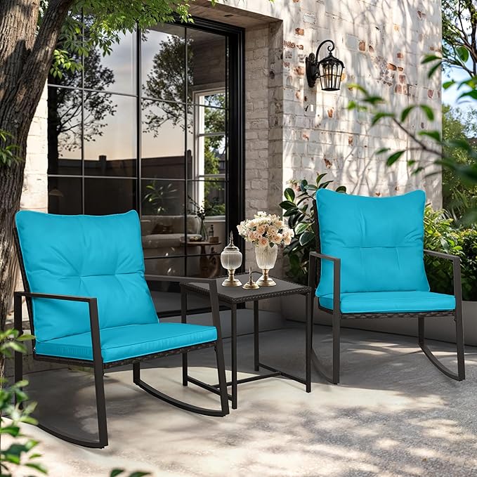 SUNCROWN 3 Piece Outdoor Rocking Bistro Set Black Wicker Furniture Porch Chairs Conversation Sets with Glass Coffee Table, Light Blue