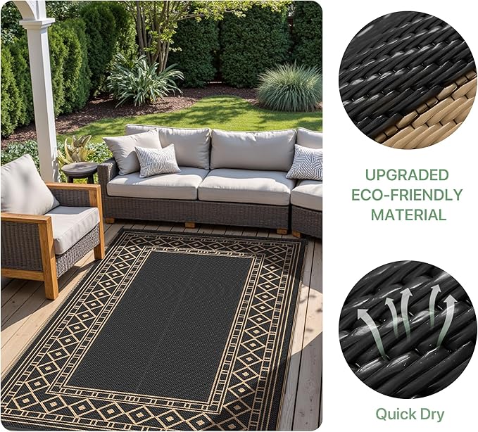GENIMO Outdoor Rug Waterproof 8'x10' for Patio, Foldable Reversible Plastic Straw Carpet for Travel Trailers, Outside Area Mat for Rv, Deck, Picnic, Porch, Camper, Balcony, Beach, Black & Brown
