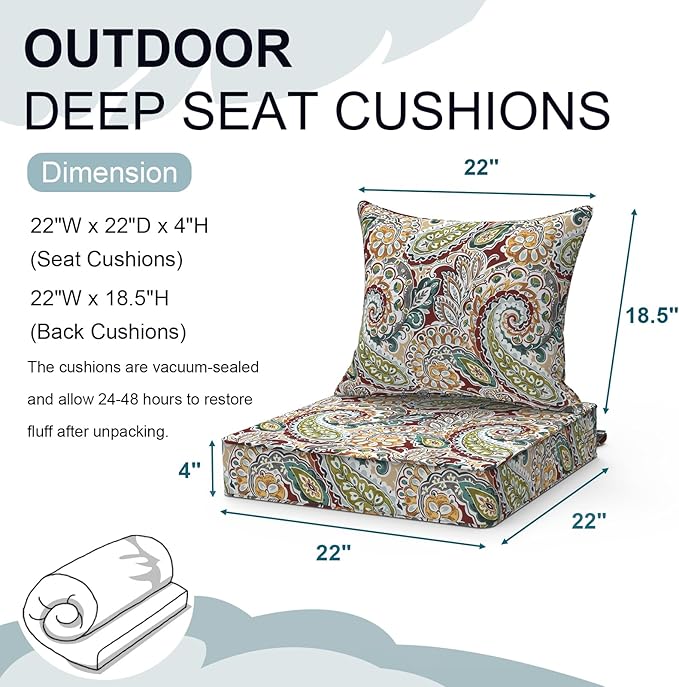 Outdoor Deep Seat Cushion Set, Water Repellent 22"x22" Patio Thick Cushions Replacement with Seat & Back Pillow for Patio Sofa, Wicker Chair, Couch - Paisley Chilli