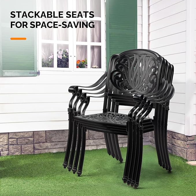 VINGLI Patio Chairs Set of 2 - Stackable Outdoor Cast Aluminum Dining Chairs with Vintage Black Finish and Floral Pattern, Metal Armchairs for Poolside, Backyard, Balcony (No Cushion)