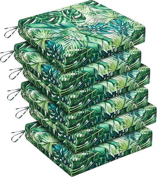 downluxe Outdoor Chair Cushions Set of 6 for Patio Furniture, Water-Resistant Square Corner Patio Chair Cushions with Ties, High Density Foam Outdoor Seat Cushion, 18.5" X 16" X 3", Palm Leaves