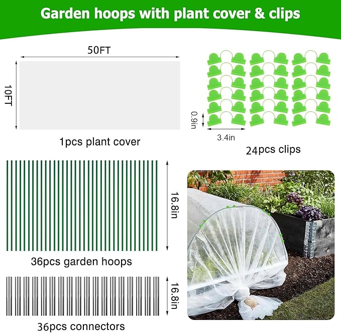 10x50ft Plant Cover Freeze Protection Garden Hoops Kit for Winter, Fabric Floating Row Cover Frost Cloth Outdoor Plant Blanket for Frost Snow Protection, Greenhouse Garden Tunnel Hoops for Raised Beds