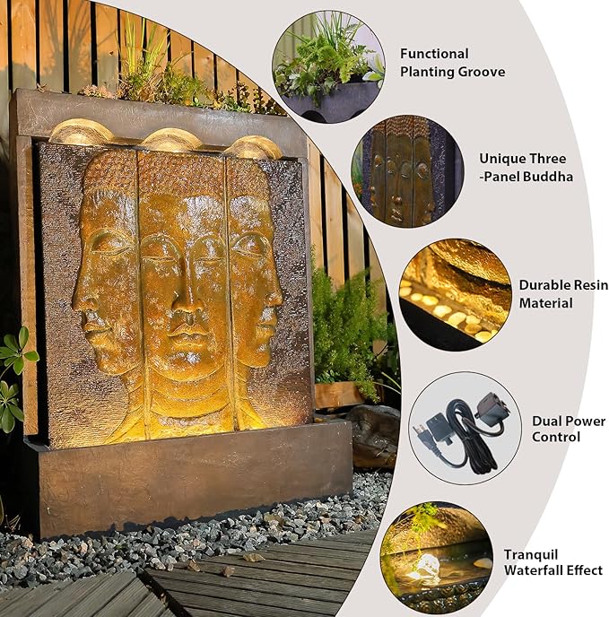 45" Outdoor Fountain Zen Buddha Face Wall Fountains and Waterfalls with Planting Groove for Meditation Room Balcony Home Garden Patio, Gold