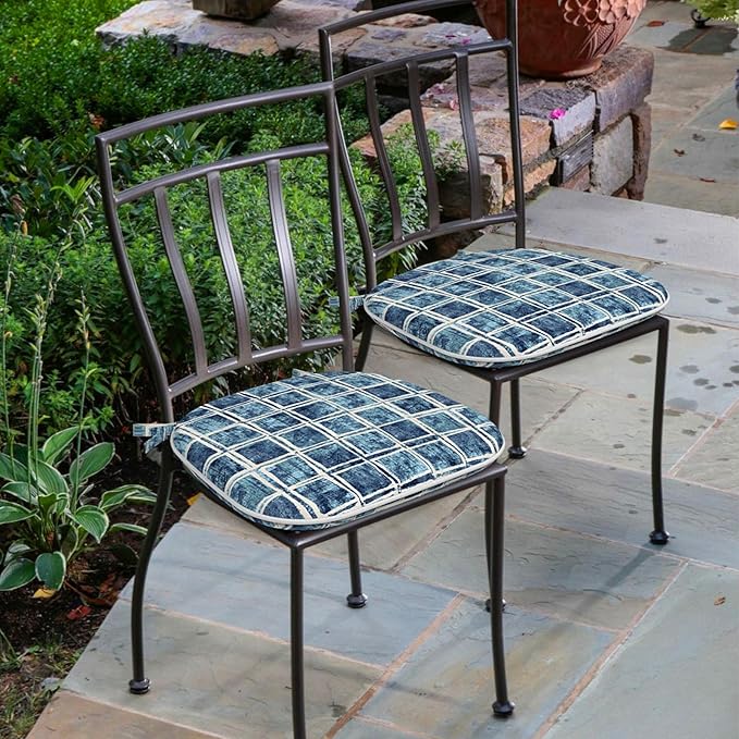 Outdoor Chair Cushions Set of 4, Water Resistant Patio Chair Pads with Ties, Seat Cushions for Home Garden Furniture Decoration, 16"x17",Denim Blue Checkered