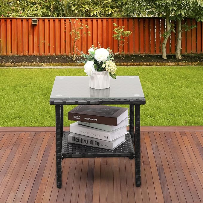 Valita Outdoor Wicker Glass Top Side Table Patio Rattan Square End Table, Black