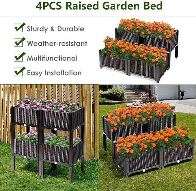 Giantex Raised Garden Bed, Set of 4 Planter Raised Beds Kits with Drain Holes for Fruit Flowers Vegetables, Outdoor Elevated Planting Box for Lawn Patio Balcony, Easy Assembly, Rattan-Like Look, Brown