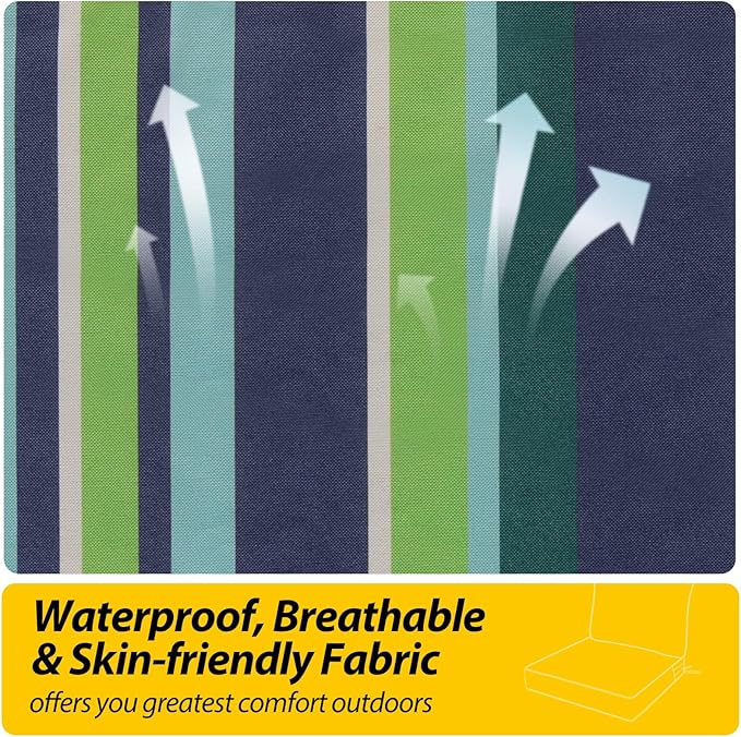 AAAAAcessories Outdoor Seat Cushions for Chairs, Fade-Resistant, Waterproof Patio Furniture Replacement Cushions, 22" x 22" x 3" + 22" x 17", Stormy Teal Coastal Stripe