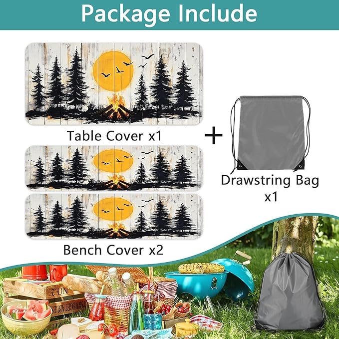3PCS Picnic Table Cover with Bench Cover Forest Sunset Silhouette Wooden Patten Camping Tablecloth Fitted Picnic Table Cover with Elastic Windproof Waterproof Outdoor & Garden Camping Accessories 60IN