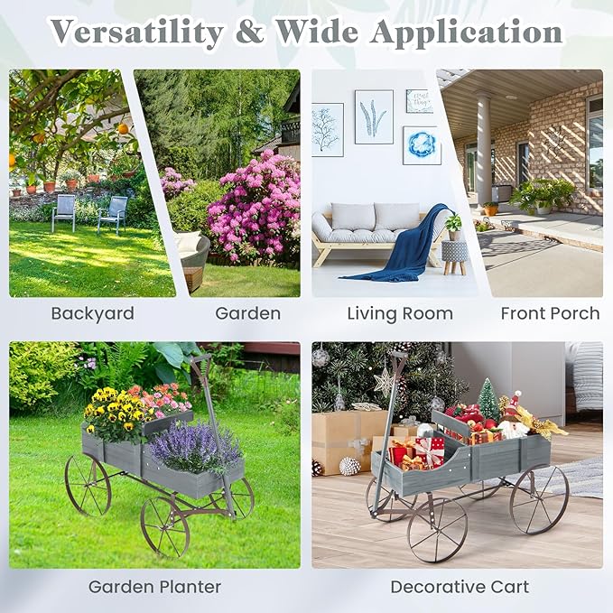 Wooden Wagon Planter with Wheels, Indoor/Outdoor Flower Cart w/Dual-Compartment & Adjustable Handle, Decorative Garden Planter for Home, Yard, Wedding (Grey)