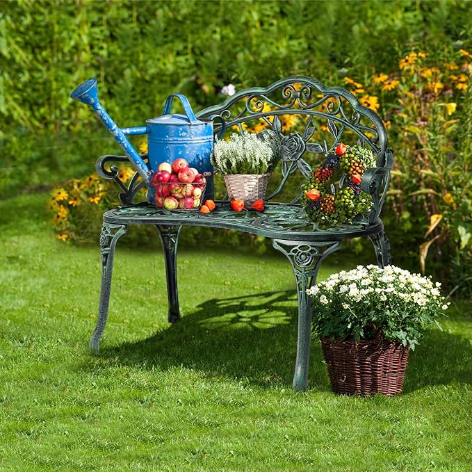 Outvita Outdoor Bench, 38"" Cast Aluminum Garden Bench Anti-Rust Weather Resistant Patio Bench Rose Pattern Bench for Front Porch, Backyard, Lawn, 1, Green
