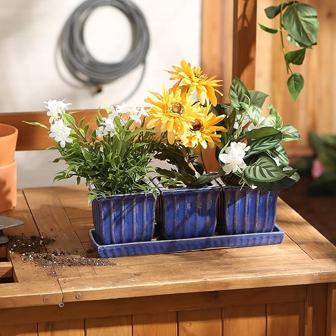 Accent Plus Blue Square Ceramic Small Planter (Set of 3)