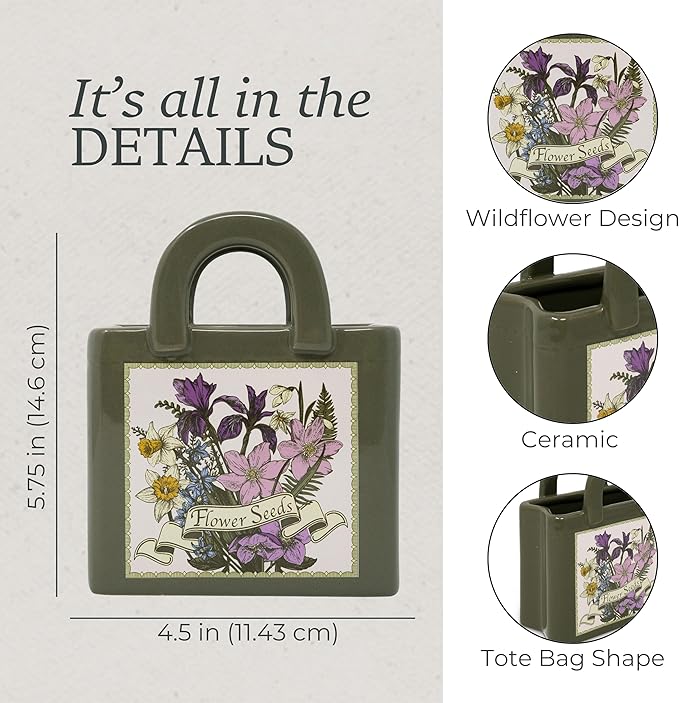 Steel Mill and Co Mini Ceramic Tote Bag Vase, Novelty Wildflower Garden Shop Planter, Unique Desk Pen Holder & Pencil Cup, Small Succulent Pot & Home Decor (Wildflowers)