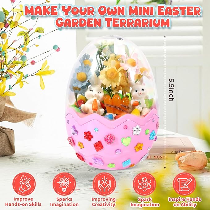 Easter Bunny Terrarium Kit for Kids, Mini Flower Garden Arts & Crafts, Easter Basket Stuffers, Rabbit Gardening Gift for Boys and Girls Ages 4-12