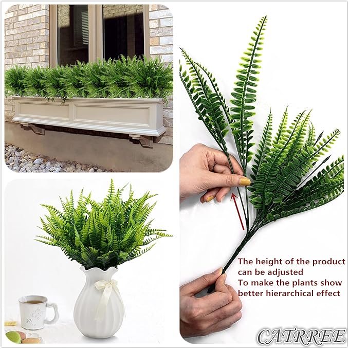 Artificial Boston Ferns Plants, Fake Plastic Fern Grass Faux Shrubs Plastic Leaves Simulation Greenery Bushes for Home Decor Indoor Outdoor Garden Wedding Decoration Yard Vase Planter Filler – 8 Pack