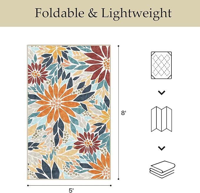 GENIMO Indoor Outdoor Area Rug 5'x8', Machine Washable Rugs for Patio, Waterproof, Non-Slip Easy Cleaning Floral Outdoor Mat Carpet for Living Room, Bedroom, RV, Balcony, Deck, Camping, Orange