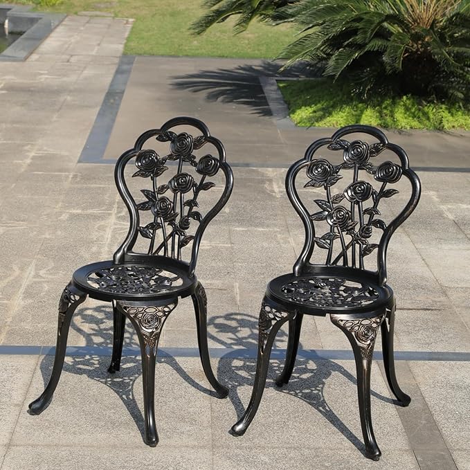 KAILI Rose Garden Cast Aluminum Bistro Chairs, Decorative Outdoor Patio Seating, Set of 2, White and Black (Rose Chair Bronze)