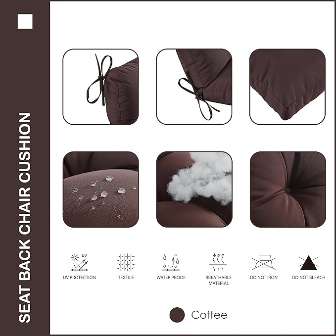 Outdoor Indoor Seat/Back Chair Tufted Cushion,All-Weather Patio Chair Cushion with Ties,for Patio Furniture,Coffee