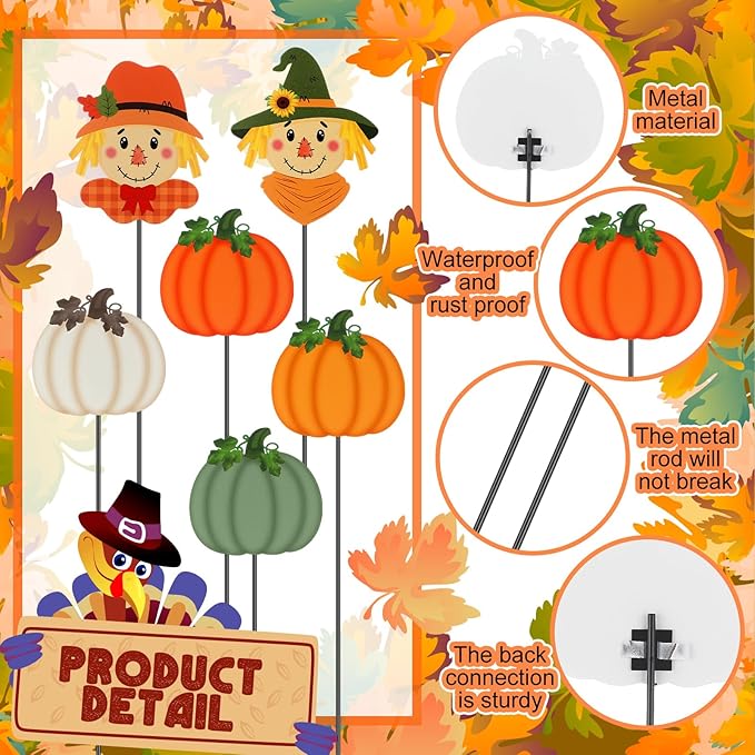 6 Pcs 12'' Thanksgiving Garden Stakes Pumpkin Scarecrow Maple Leaves Fall Metal Yard Sign Yard Stakes Outdoor Thanksgiving Decorations for Planter Lawn Patio Walkway Porch(Cute Style)