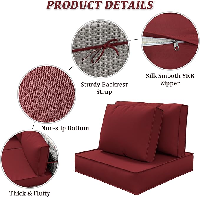 14-Piece Outdoor Cushions for Patio Furniture Thick Outdoor Chair Cushions 5" Foam High-Density Water-Resistant Deep Seat Cushion for 6-Seat Sectional Sets Liner&Cover Burgundy