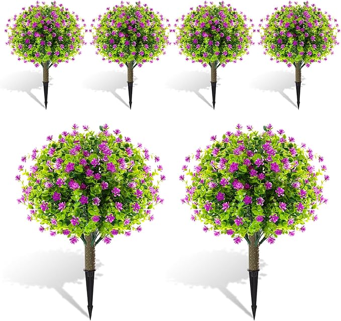 Yunlly 6 Pcs Outdoor Artificial Topiary Ball Trees 22" with Colorful Flowers, Boxwood Fake Bushes Shrubs with Spike, UV Resistant Evergreen Plants for Front Porch Garden Decor (Purple)