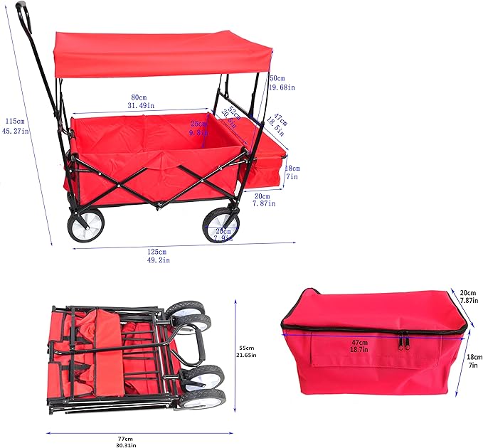 Garden Shopping Beach Cart Folding Wagon with Umbrella Accessories Package for Camping Wagon Camping Outdoor Picnic Beach red One Size