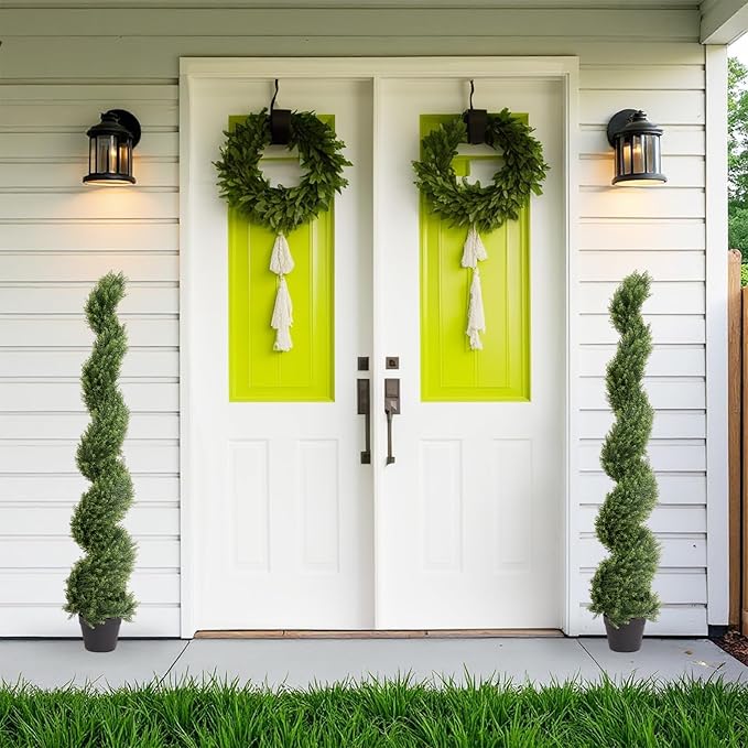 THE BLOOM TIMES 5ft Artificial Topiary Trees Set of 2, Faux Cedar Cypress Spiral Topiary Trees Outdoor - Fake Plants for Garden Front Porch Indoor Outside Planter Decor 5 Foot