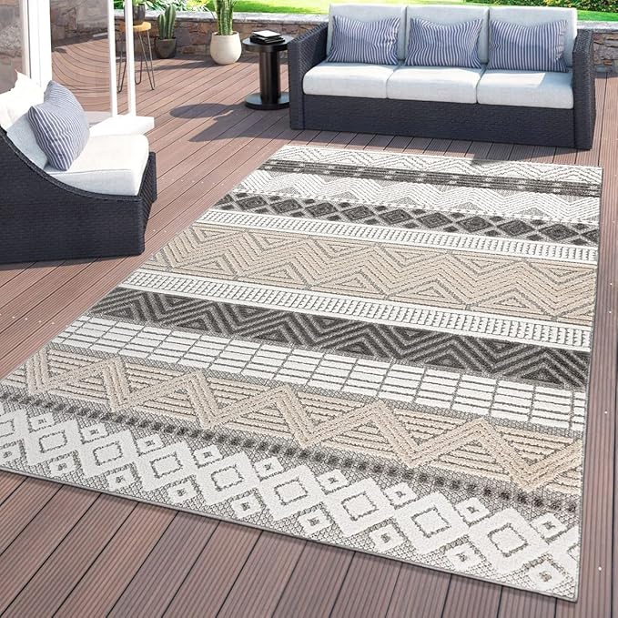 Rugshop Marbella Contemporary Boho Non-Shedding Patio Deck Backyard Indoor/Outdoor Area Rug 5' x 7' Gray