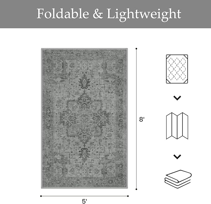 GENIMO Outdoor & Indoor Area Rug 5'x8', Waterproof, Non-Shedding, Easy Cleaning, Boho Mat for Patio, Living Room, Balcony, Dining Room, RV, Deck, Bedroom, Camping, Outside Carpet,Dark Grey