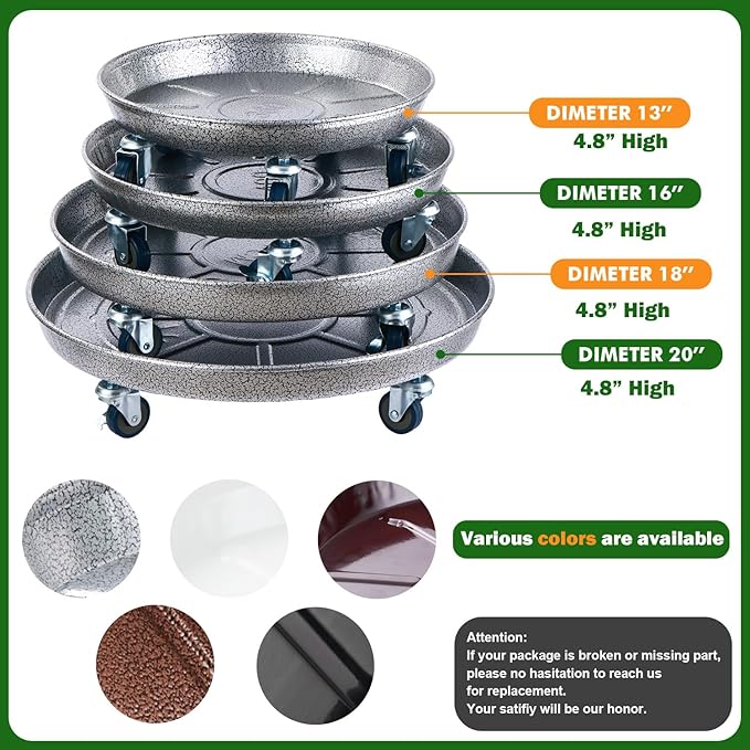 3 Packs 13 inches Metal Plant Caddy with Wheels Large Rolling Plant Stand Heavy-duty Iron Plant Dolly Casters for Indoor Outdoor Flower Pot Mover Roller Coasters, Silver-black