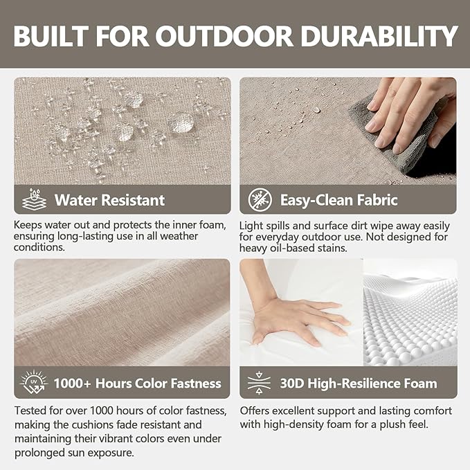 Goodgoods 24 x 24 Outdoor Patio Deep Seat Cushions 2-Pack, 1000+ Hours Fade-Resistant & Water-Resistant Outdoor Furniture Chair Cushions with 30D High-Resilience Foam for Sofa Chair, Putty