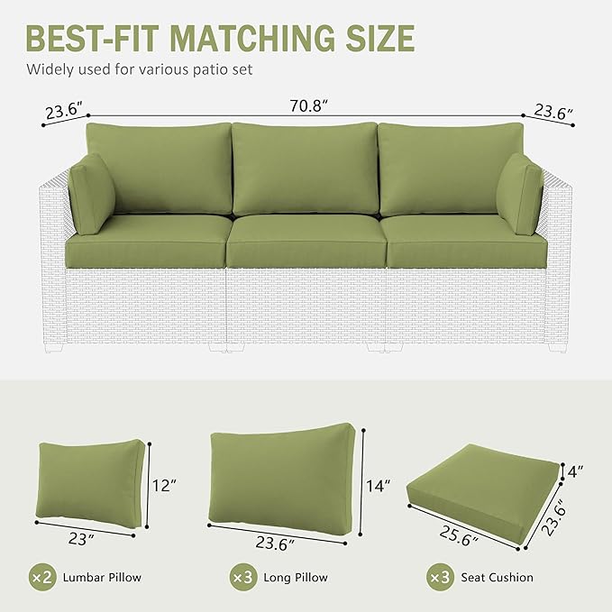 Outdoor Furniture Replacement Cushions, Waterproof Patio Furniture Cushions, 4" Deep Seat Outdoor Sectional Cushion for 3-Seat Outdoors Rattan Sofa Patio Sofa Cushion, Avocado Green