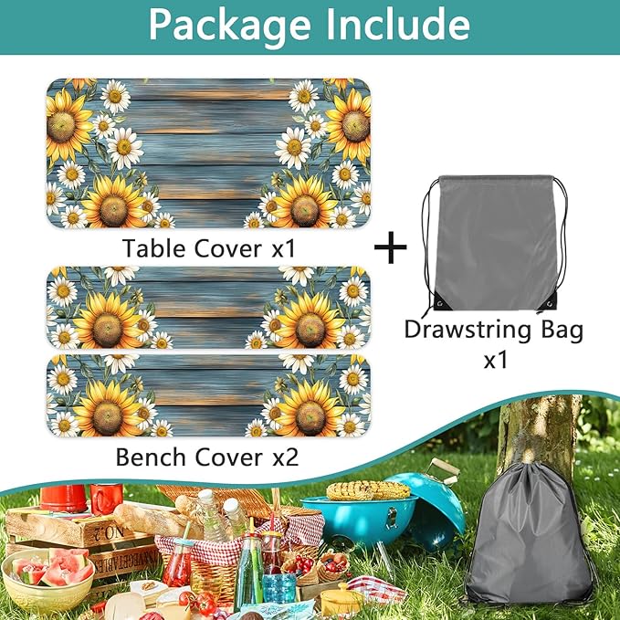 Picnic Table Cover with Bench Covers Camping Essentials Waterproof Windproof Camping Tablecloth with Drawstring Bag, Fitted Rectangle Tables and Seats, 60in, Teal Wooden Sunflower