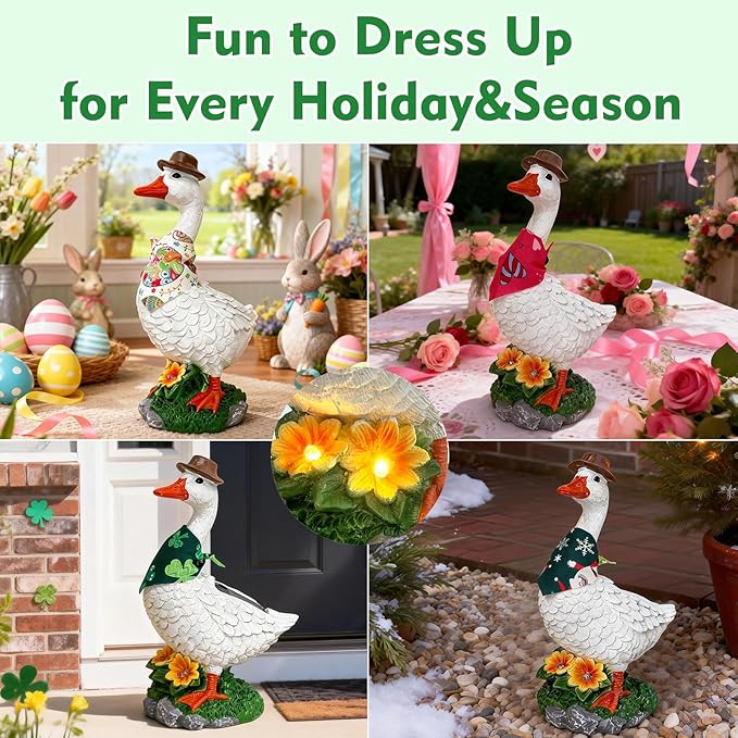 Porch Goose Garden Statue with Solar Glowing Flower, 10" Solar Duck Decorative Figurine for Outdoor, Valentine St.Patrick Easter Christmas Seasonal Scarves for Patio Yard Decor - Unique Gift for Women