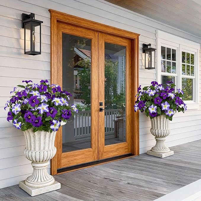19 Inch Artificial Fake Flowers for Outdoor,4 Pcs Purple Faux Silk Petunias Spring Flowers for Outside for Indoor Porch Planter Front Door Garden Patio Window Box Home Decor