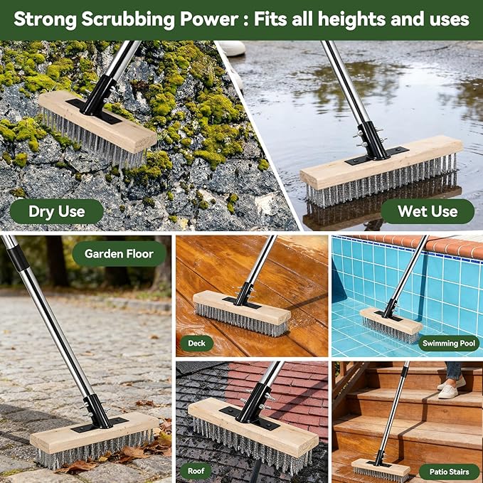 2-in-1 Weed Puller Tool & Moss Scrub Brush Set with 60" Adjustable Handle | Quick-Change Garden Hoe, Weed Puller & Concrete Brush for Patio Cleaning and Weed Removal with Pruning Shears & Gloves