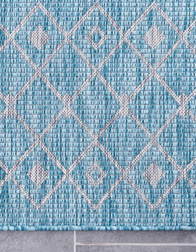 Unique Loom Outdoor Trellis Collection Area Rug - Tribal Trellis (13' Square, Aqua/ Ivory)