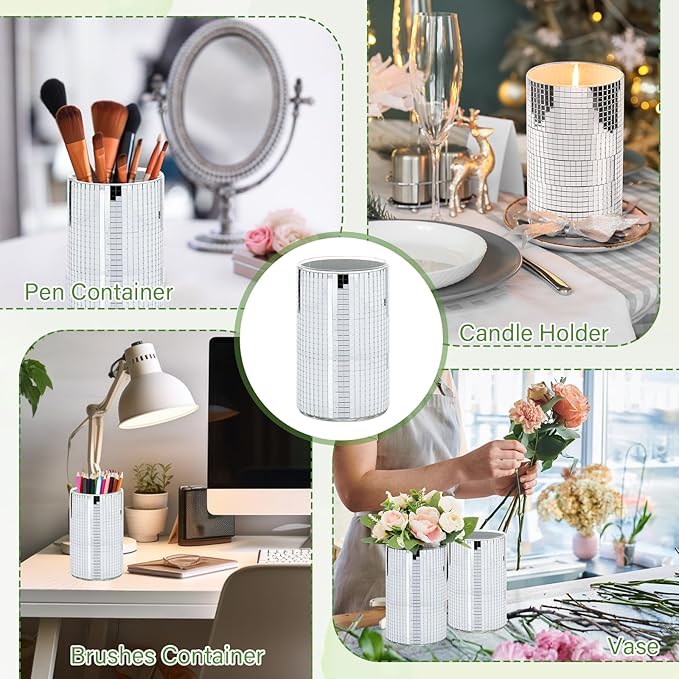 Hushee 6 Pcs 6 Pcs Disco Ball Vase Disco Planter Cylinder Glass Vase Mirror Tiles Modern Planter Pot Candle Holder for Wedding Centerpieces Birthday Party Gift Bedroom Decoration (6'')