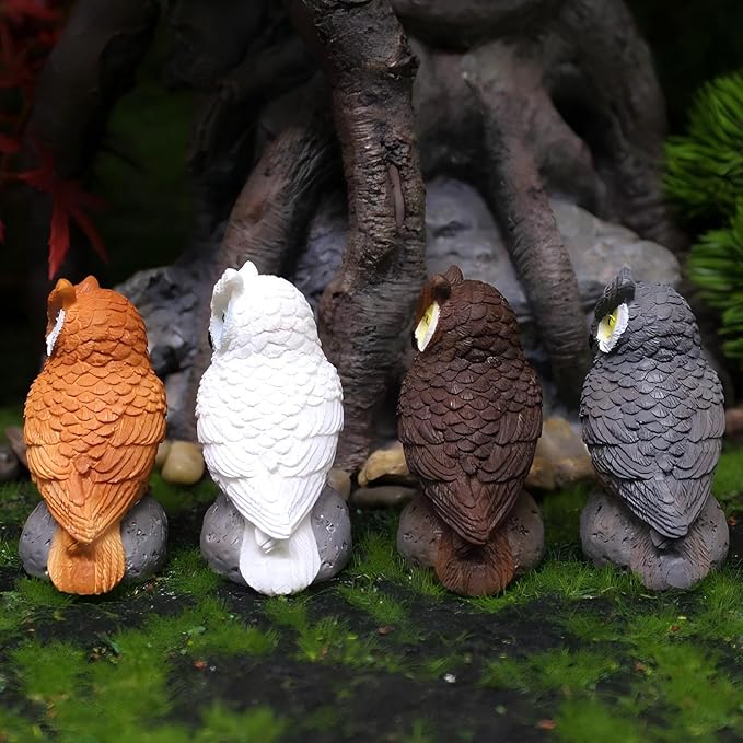 Mini Owl Figurines, Set of 4, Garden Decor Miniatures, Fairy Garden Accessories, Small Owls