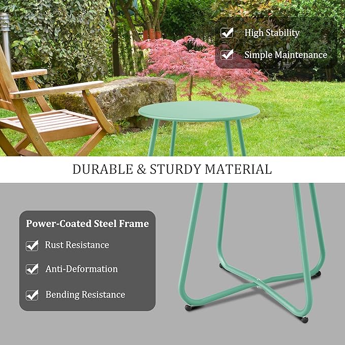 Patio Side Table Waterproof Round Metal Steel Weather Resistant Portable Outdoor and Indoor End Table for Garden Balcony Yard, Bean Green